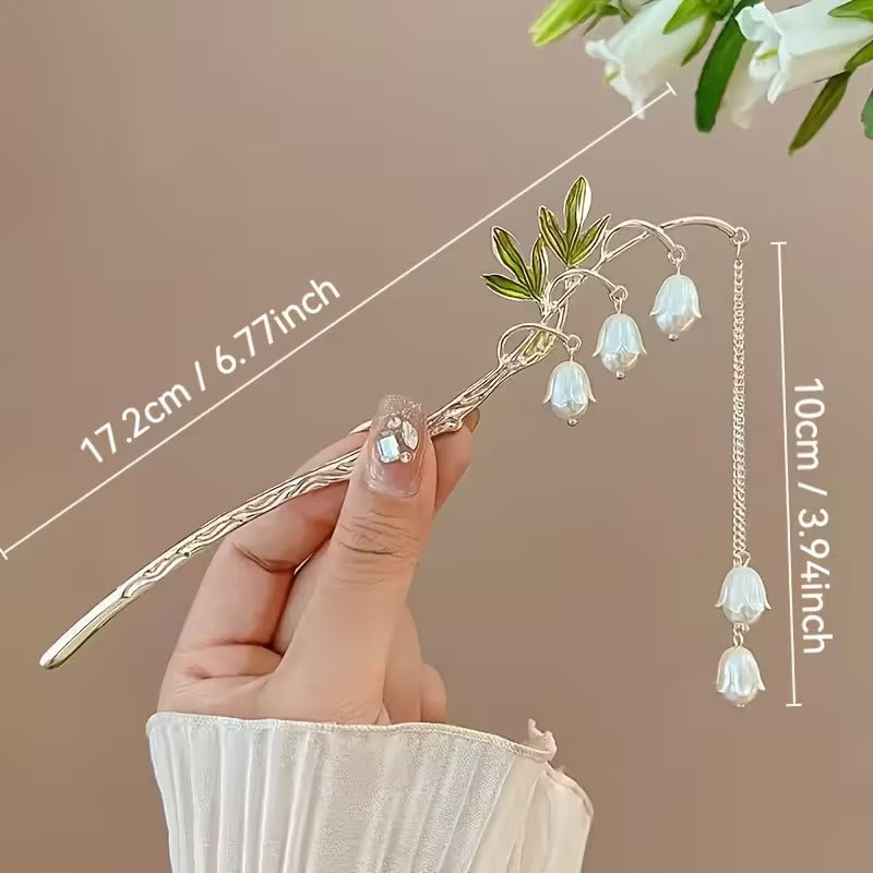 Golden-Toned Alloy Elegant Vintage Lily of the Valley Hairpin with Floral Tassels | Ideal for Daily Wear & Festive Occasions, Exquisite Hair Accessory for Brides and Parties