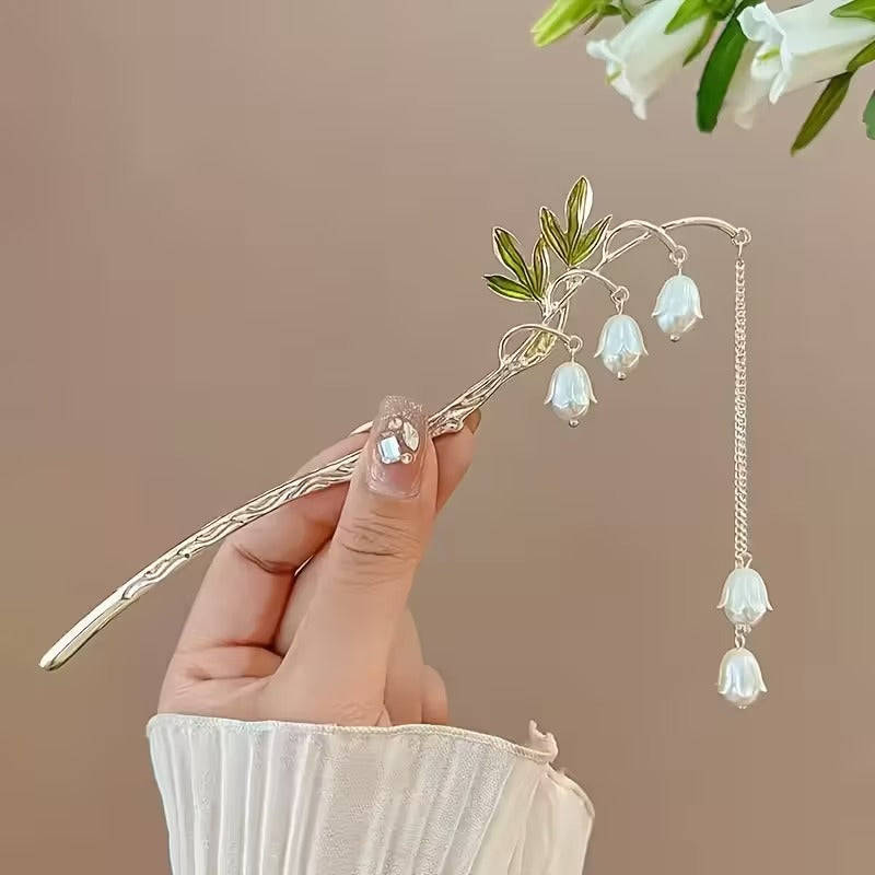 Golden-Toned Alloy Elegant Vintage Lily of the Valley Hairpin with Floral Tassels | Ideal for Daily Wear & Festive Occasions, Exquisite Hair Accessory for Brides and Parties