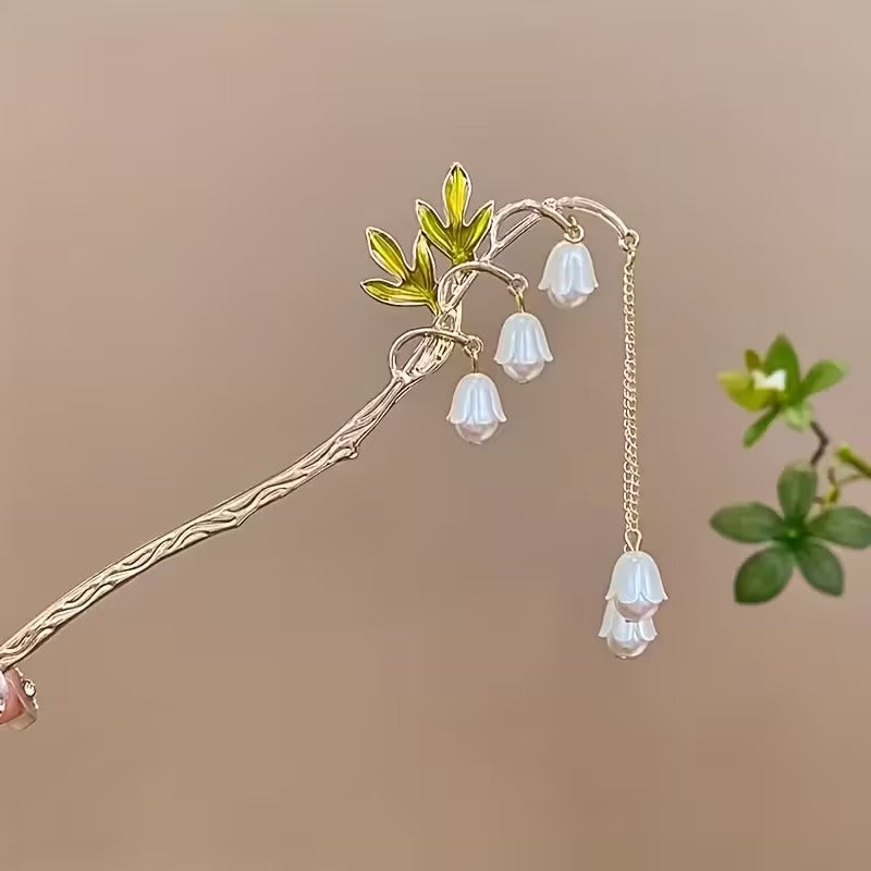 Golden-Toned Alloy Elegant Vintage Lily of the Valley Hairpin with Floral Tassels | Ideal for Daily Wear & Festive Occasions, Exquisite Hair Accessory for Brides and Parties