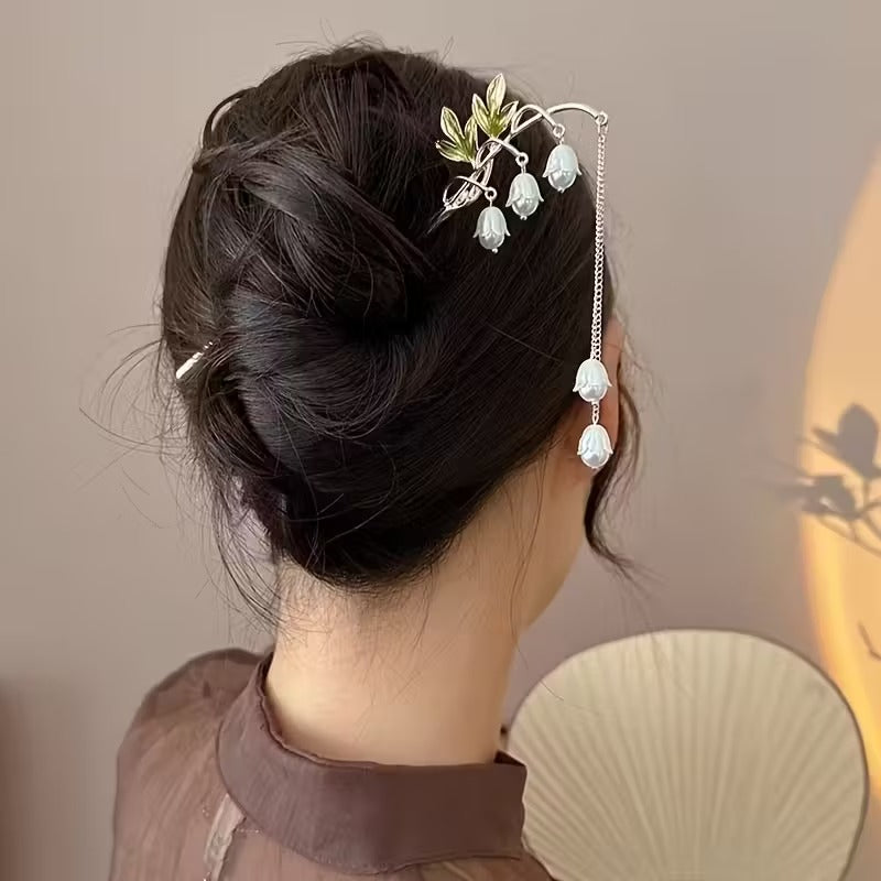 Golden-Toned Alloy Elegant Vintage Lily of the Valley Hairpin with Floral Tassels | Ideal for Daily Wear & Festive Occasions, Exquisite Hair Accessory for Brides and Parties