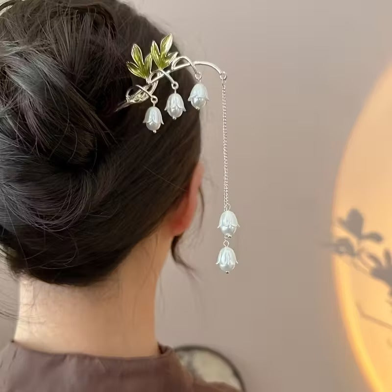 Golden-Toned Alloy Elegant Vintage Lily of the Valley Hairpin with Floral Tassels | Ideal for Daily Wear & Festive Occasions, Exquisite Hair Accessory for Brides and Parties